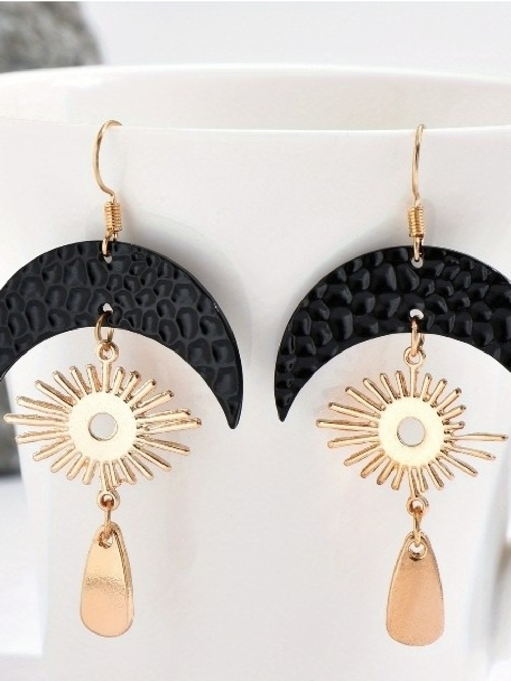 Gold Sunburst Drop Earrings with Black Crescent Accents - Women Jewelry